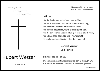Anzeige von Hubert Wester von Kölner Stadt-Anzeiger / Kölnische Rundschau / Express