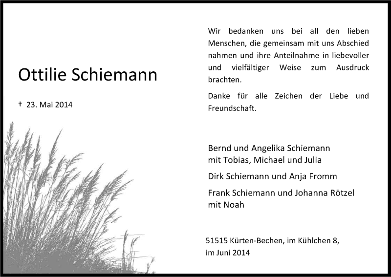  Traueranzeige für Ottilie Schiemann vom 28.06.2014 aus Kölner Stadt-Anzeiger / Kölnische Rundschau / Express