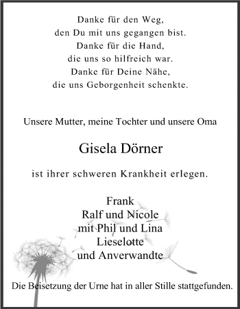 Anzeige von Gisela Dörner von Kölner Stadt-Anzeiger / Kölnische Rundschau / Express
