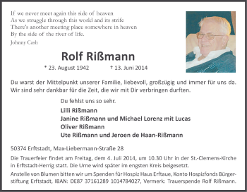 Anzeige von Rolf Rißmann von Kölner Stadt-Anzeiger / Kölnische Rundschau / Express