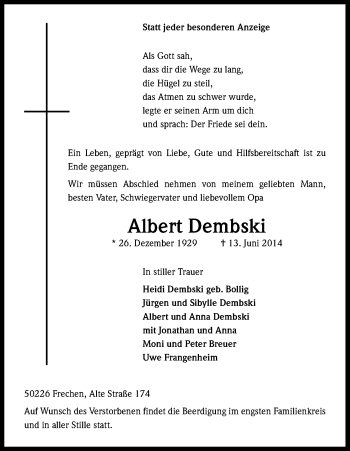 Anzeige von Albert Dembski von Kölner Stadt-Anzeiger / Kölnische Rundschau / Express