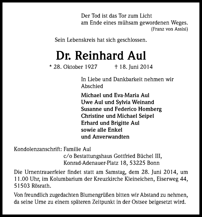  Traueranzeige für Reinhard Aul vom 24.06.2014 aus Kölner Stadt-Anzeiger / Kölnische Rundschau / Express