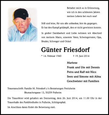 Anzeige von Günter Friesdorf von Kölner Stadt-Anzeiger / Kölnische Rundschau / Express