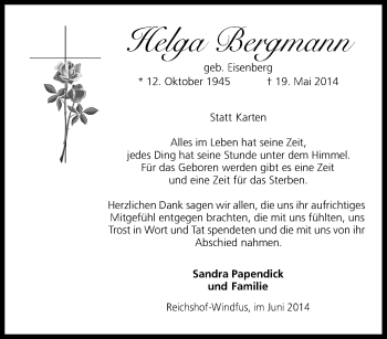 Anzeige von Helga Bergmann von Kölner Stadt-Anzeiger / Kölnische Rundschau / Express