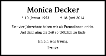 Anzeige von Monica Decker von Kölner Stadt-Anzeiger / Kölnische Rundschau / Express
