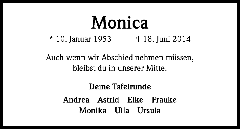  Traueranzeige für Monica  vom 26.06.2014 aus Kölner Stadt-Anzeiger / Kölnische Rundschau / Express
