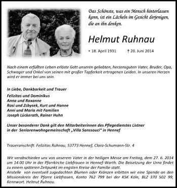 Anzeige von Helmut Ruhnau von Kölner Stadt-Anzeiger / Kölnische Rundschau / Express