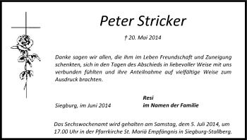 Anzeige von Peter Stricker von Kölner Stadt-Anzeiger / Kölnische Rundschau / Express