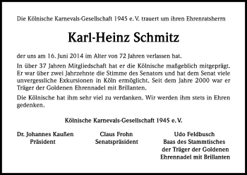 Anzeige von Karl-Heinz Schmitz von Kölner Stadt-Anzeiger / Kölnische Rundschau / Express