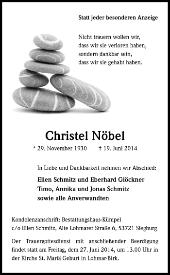 Anzeige von Christel Nöbel von Kölner Stadt-Anzeiger / Kölnische Rundschau / Express