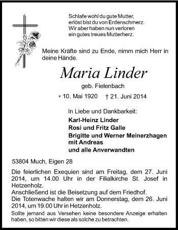 Anzeige von Maria Linder von Kölner Stadt-Anzeiger / Kölnische Rundschau / Express