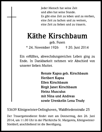 Anzeige von Käthe Kirschbaum von Kölner Stadt-Anzeiger / Kölnische Rundschau / Express