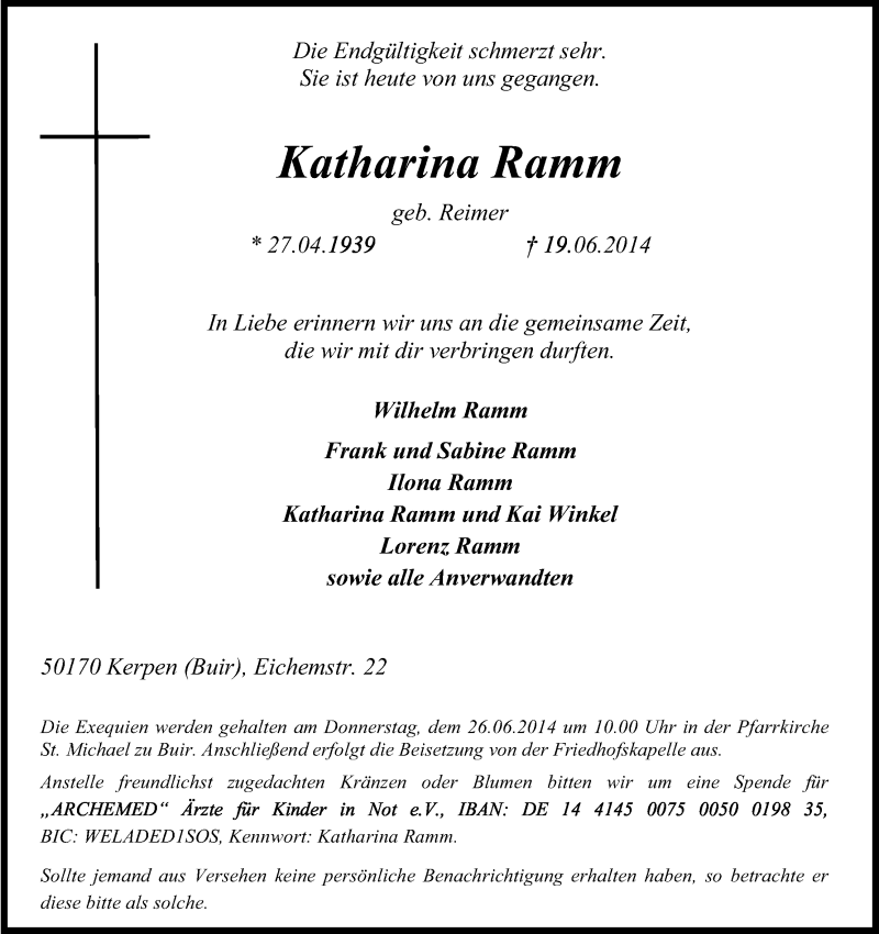  Traueranzeige für Katharina Ramm vom 24.06.2014 aus Kölner Stadt-Anzeiger / Kölnische Rundschau / Express