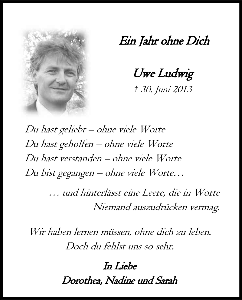  Traueranzeige für Uwe Ludwig vom 30.06.2014 aus Kölner Stadt-Anzeiger / Kölnische Rundschau / Express