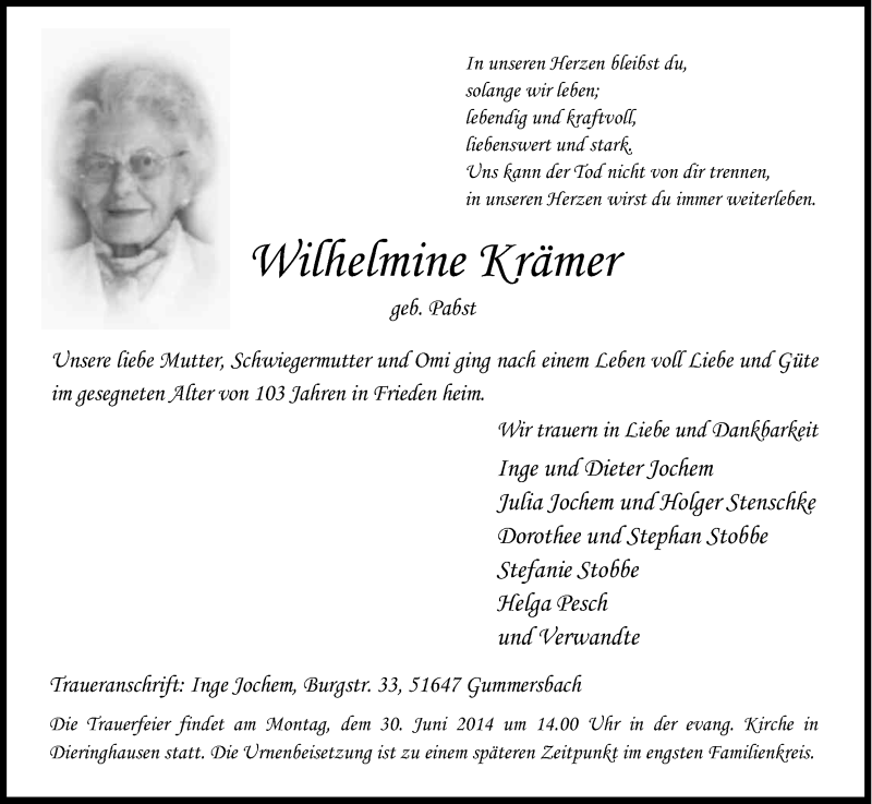  Traueranzeige für Wilhelmine Krämer vom 24.06.2014 aus Kölner Stadt-Anzeiger / Kölnische Rundschau / Express