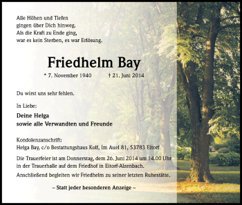 Anzeige von Friedhelm Bay von Kölner Stadt-Anzeiger / Kölnische Rundschau / Express