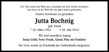 Anzeige von Jutta Bochnig von Kölner Stadt-Anzeiger / Kölnische Rundschau / Express