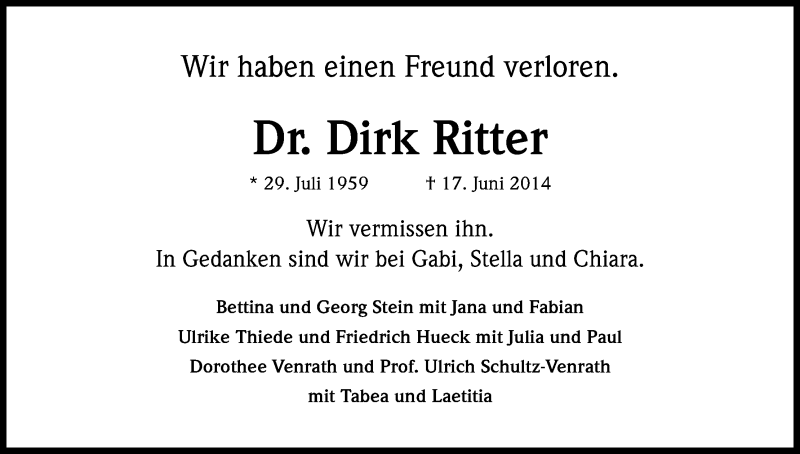  Traueranzeige für Dirk Ritter vom 28.06.2014 aus Kölner Stadt-Anzeiger / Kölnische Rundschau / Express