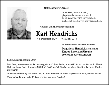 Anzeige von Karl Hendricks von Kölner Stadt-Anzeiger / Kölnische Rundschau / Express