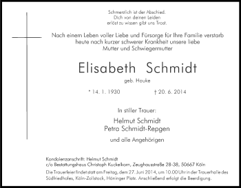 Anzeige von Elisabeth Schmidt von Kölner Stadt-Anzeiger / Kölnische Rundschau / Express