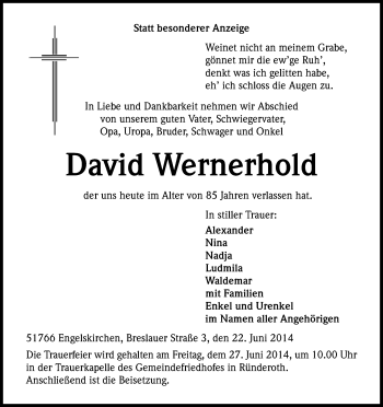 Anzeige von David Wernerhold von Kölner Stadt-Anzeiger / Kölnische Rundschau / Express