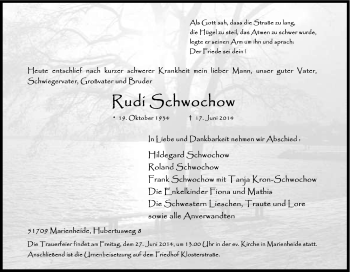 Anzeige von Rudi Schwochow von Kölner Stadt-Anzeiger / Kölnische Rundschau / Express