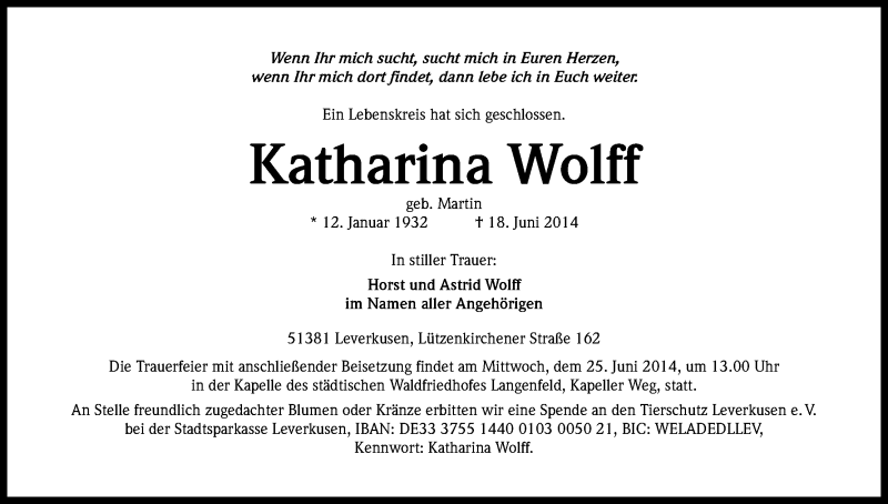  Traueranzeige für Katharina Wolff vom 24.06.2014 aus Kölner Stadt-Anzeiger / Kölnische Rundschau / Express
