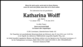 Anzeige von Katharina Wolff von Kölner Stadt-Anzeiger / Kölnische Rundschau / Express