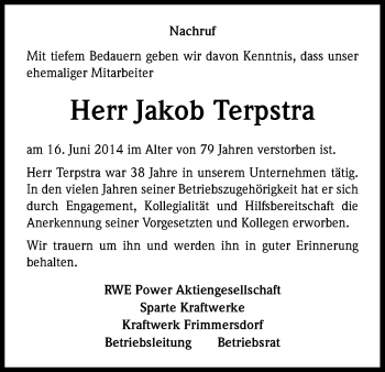 Anzeige von Jakob Terpstra von Kölner Stadt-Anzeiger / Kölnische Rundschau / Express