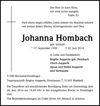 Anzeige von Johanna Hombach von Kölner Stadt-Anzeiger / Kölnische Rundschau / Express