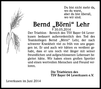 Anzeige von Bernd Lehr von Kölner Stadt-Anzeiger / Kölnische Rundschau / Express