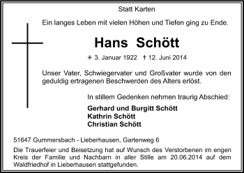 Anzeige von Hans Schött von Kölner Stadt-Anzeiger / Kölnische Rundschau / Express