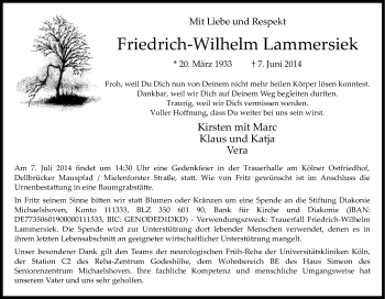 Anzeige von Friedrich-Wilhelm Lammersiek von Kölner Stadt-Anzeiger / Kölnische Rundschau / Express