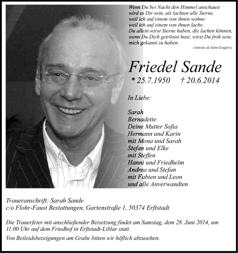  Traueranzeige für Friedel Sande vom 25.06.2014 aus Kölner Stadt-Anzeiger / Kölnische Rundschau / Express