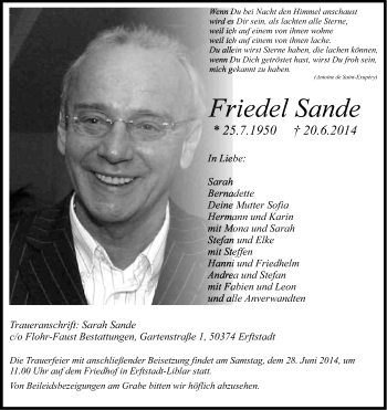 Anzeige von Friedel Sande von Kölner Stadt-Anzeiger / Kölnische Rundschau / Express