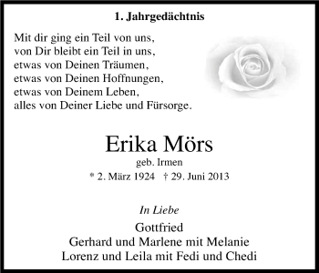Anzeige von Erika Mörs von Kölner Stadt-Anzeiger / Kölnische Rundschau / Express
