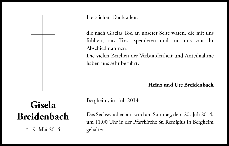  Traueranzeige für Gisela Breidenbach vom 12.07.2014 aus Kölner Stadt-Anzeiger / Kölnische Rundschau / Express