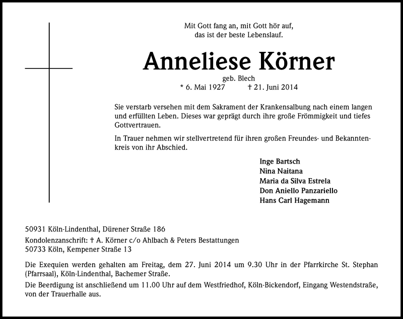  Traueranzeige für Anneliese Körner vom 25.06.2014 aus Kölner Stadt-Anzeiger / Kölnische Rundschau / Express