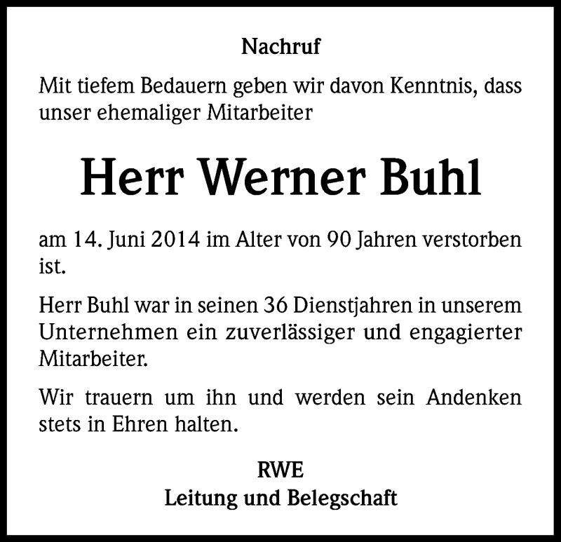  Traueranzeige für Werner Buhl vom 24.06.2014 aus Kölner Stadt-Anzeiger / Kölnische Rundschau / Express