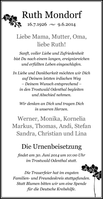 Anzeige von Ruth Mondorf von Kölner Stadt-Anzeiger / Kölnische Rundschau / Express