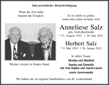 Anzeige von Anneliese Salz von Kölner Stadt-Anzeiger / Kölnische Rundschau / Express