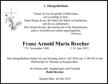 Anzeige von Franz Arnold Maria Brecher von Kölner Stadt-Anzeiger / Kölnische Rundschau / Express