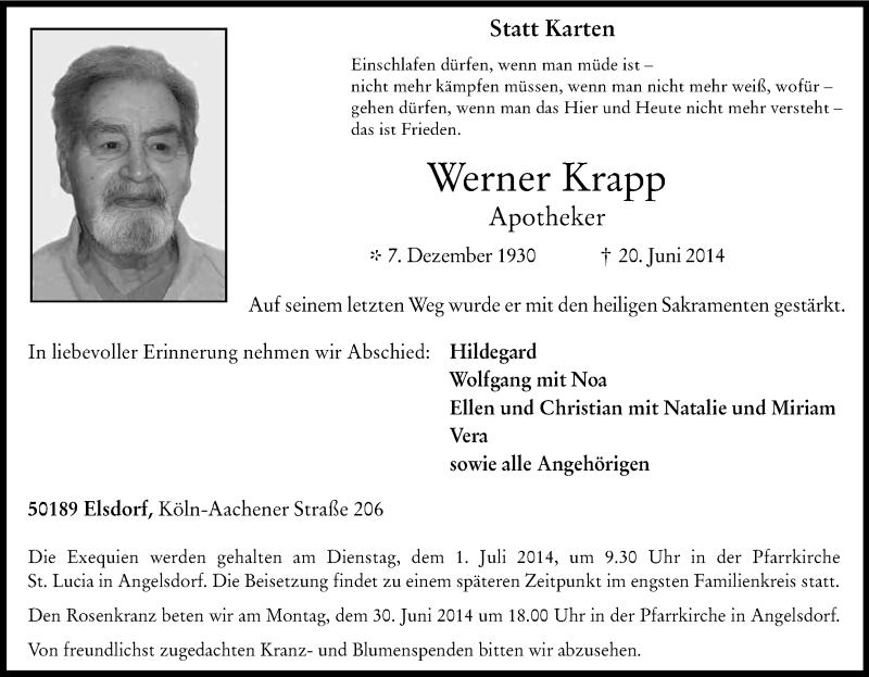  Traueranzeige für Werner Krapp vom 26.06.2014 aus Kölner Stadt-Anzeiger / Kölnische Rundschau / Express