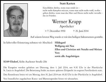 Anzeige von Werner Krapp von Kölner Stadt-Anzeiger / Kölnische Rundschau / Express