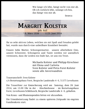 Anzeige von Margrit Kolster von Kölner Stadt-Anzeiger / Kölnische Rundschau / Express