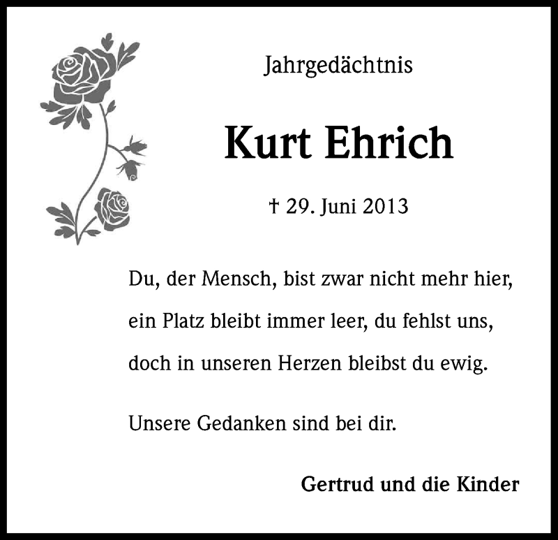  Traueranzeige für Kurt Ehrich vom 28.06.2014 aus Kölner Stadt-Anzeiger / Kölnische Rundschau / Express