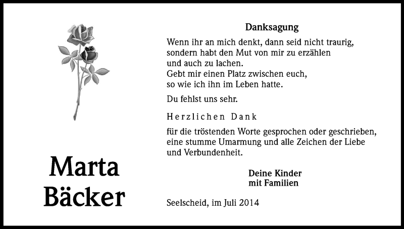  Traueranzeige für Marta Bäcker vom 12.07.2014 aus Kölner Stadt-Anzeiger / Kölnische Rundschau / Express