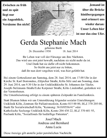 Anzeige von Gerda Stephanie Mach von Kölner Stadt-Anzeiger / Kölnische Rundschau / Express