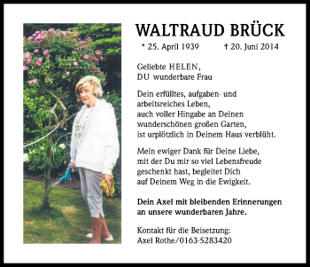 Anzeige von Waltraud Brück von Kölner Stadt-Anzeiger / Kölnische Rundschau / Express
