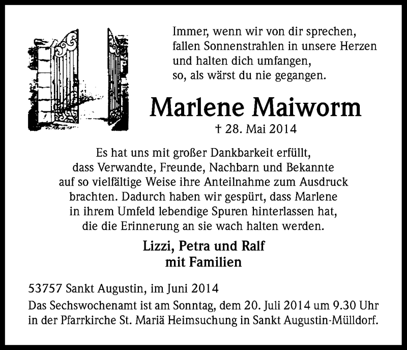  Traueranzeige für Marlene Maiworm vom 28.06.2014 aus Kölner Stadt-Anzeiger / Kölnische Rundschau / Express